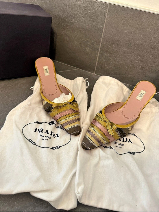 Prada Shoes - Prada Striped Ribbon Bow Kitten Heel Mules Yellow & Pink EU 38  NEVER WORN